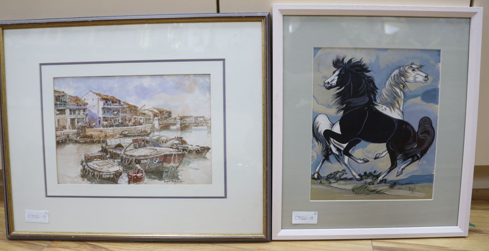 Francis Kwok Peng Kin, watercolour, Harbour scene, signed, 21 x 32cm and a study of horses by Vigil